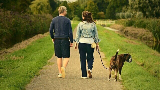 A man and woman walking their dog down a path.