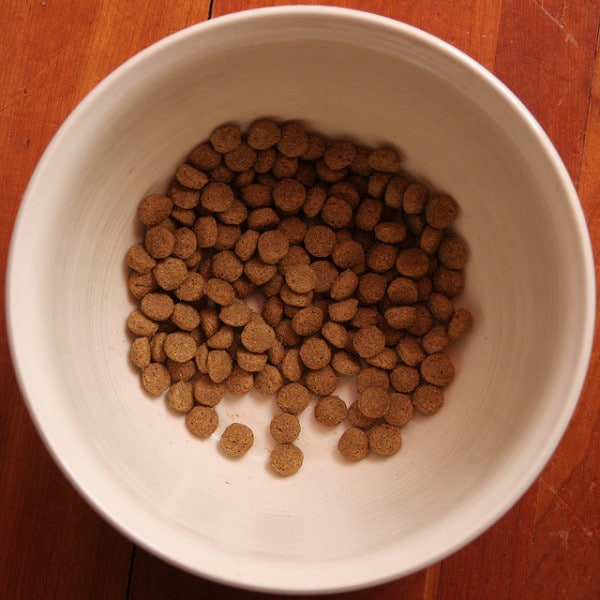 A bowl full of dog food on a wooden table, amidst a beneful lawsuit controversy.