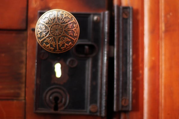 An ornate door handle with a dog excited at the door.