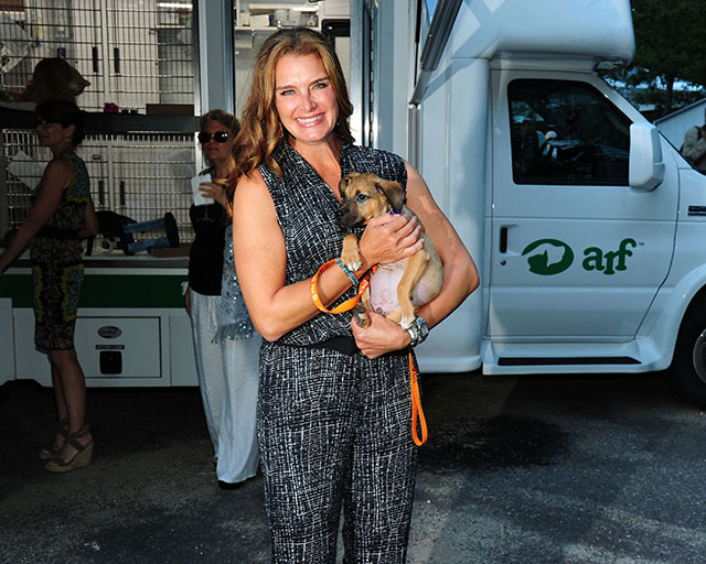 A woman holding a dog ARF in front of a truck.