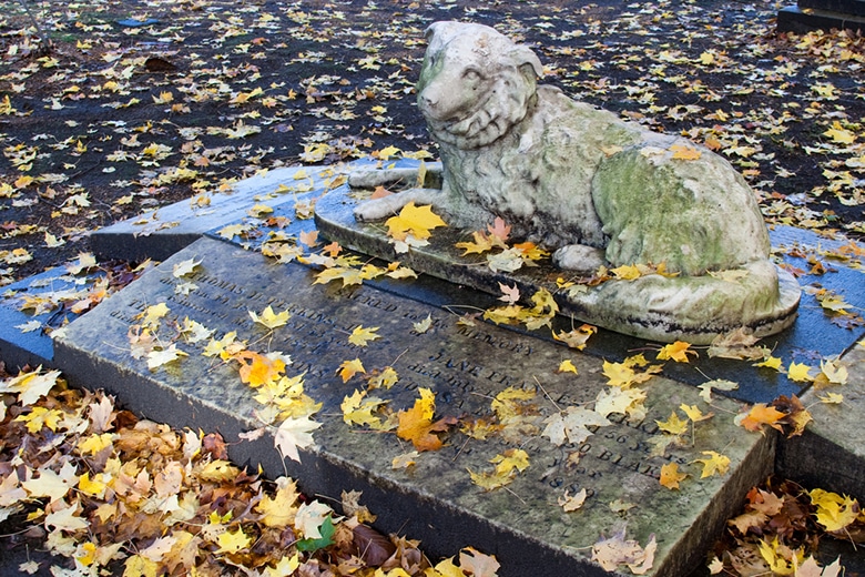 A statue of a dog surrounded by leaves in a cemetery where New Yorkers are buried.