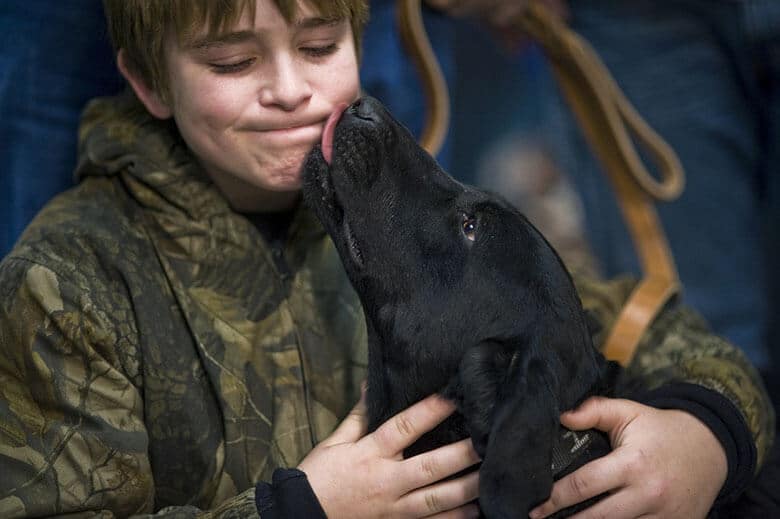 A boy expresses his friendliness toward a black dog at a dog show.