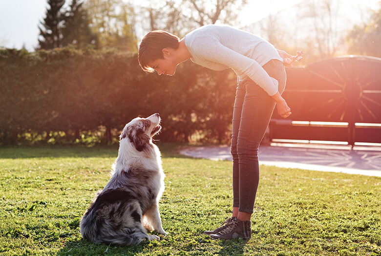 In this description, a woman is happily playing with her dog in a park.