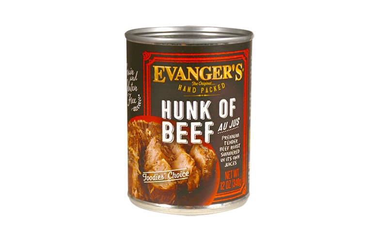 A can of Evanger's hunk of beef dog food on a white background.