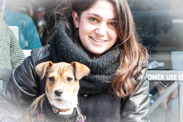 A woman going the distance with her dog, brought together on a bench.