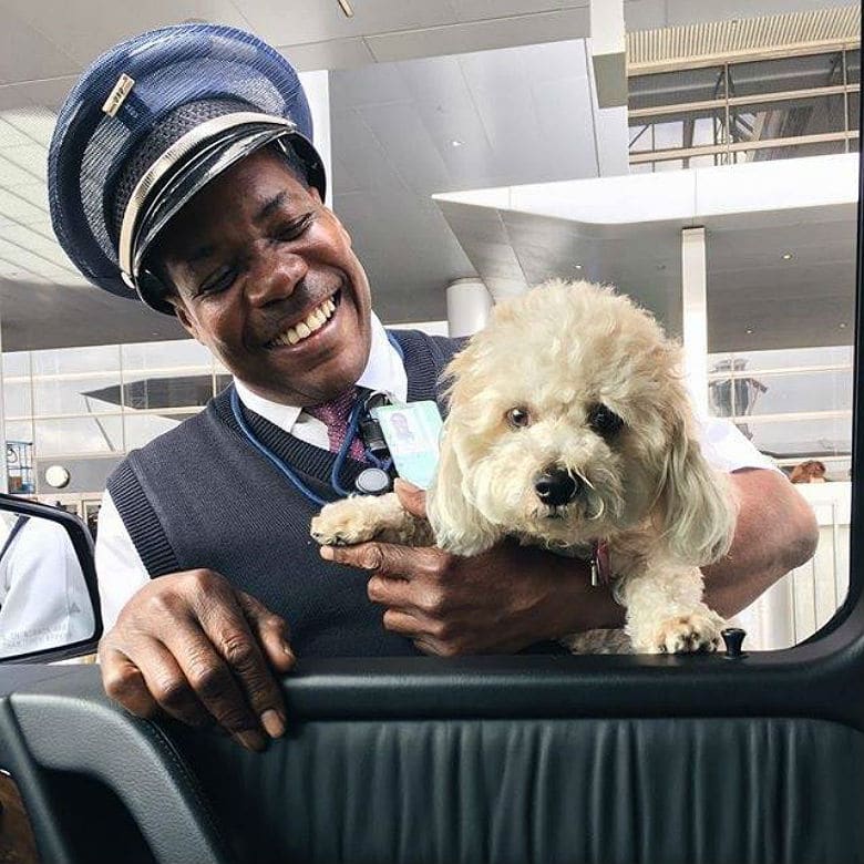 A man in a uniform with a dog at LAX in the car.