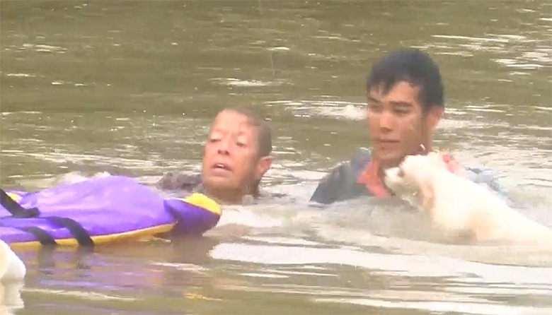 Two women and a dog rescued from Louisiana floods.