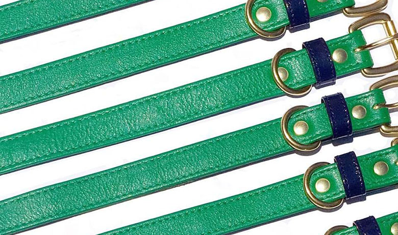 The ultimate gift for dog lovers - a row of green leather dog collars with brass hardware. Perfect addition to any holiday gift guide!