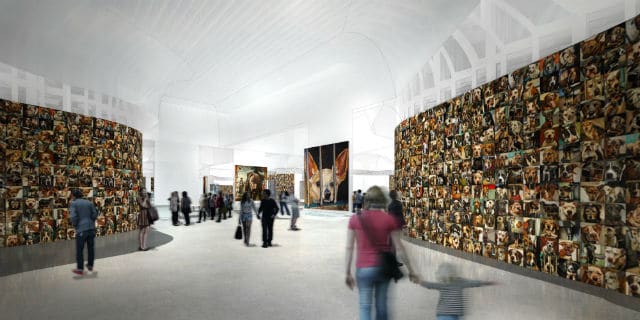 An artist's rendering of the Museum of Compassion, featuring many pictures on the walls.