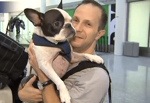 A man holding a french bulldog at an diverted airport.