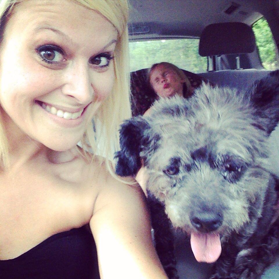 A woman with a dog fulfilling her bucket list in the back seat of a car.