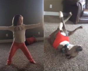 Two pictures of a girl and a pit bull laying on the floor.