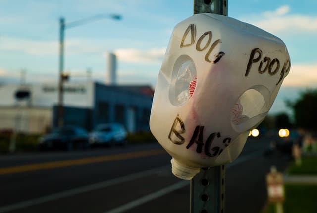 Biodegradable dog poop bags on a pole.