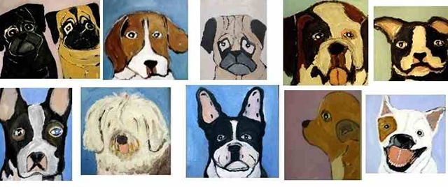 A collection of fridge art fair paintings showcasing diverse dogs against a white background.