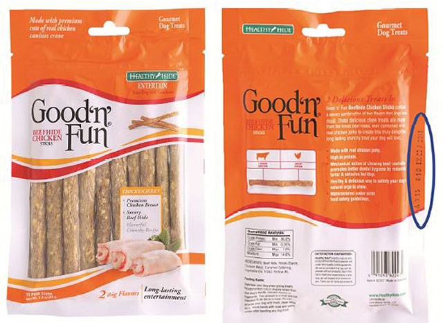 A package of Good 'n' Fun Beefhide Chicken Sticks dog treats.