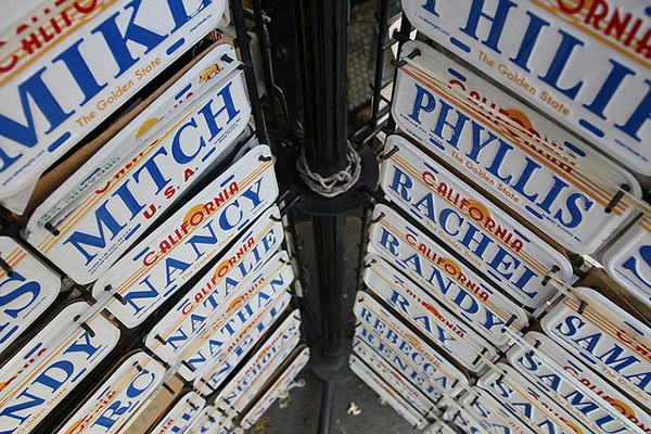 A stack of license plates featuring popular dog names.