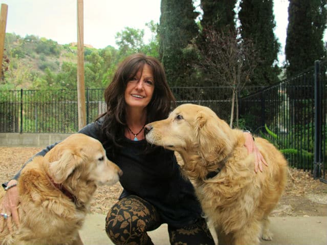 A woman, Livia Zeimet, crouching down next to three golden retrievers.