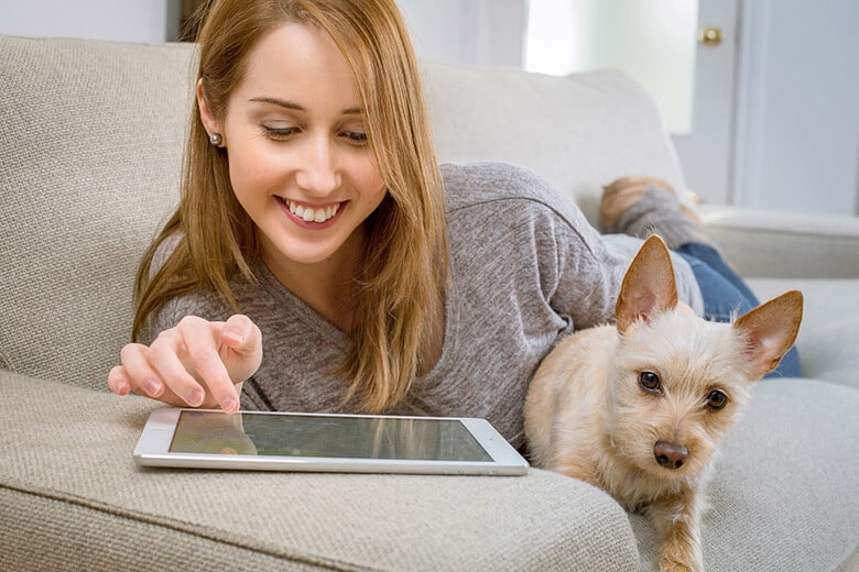 A woman, a dog owner, laying on a couch with a tablet and a small dog.