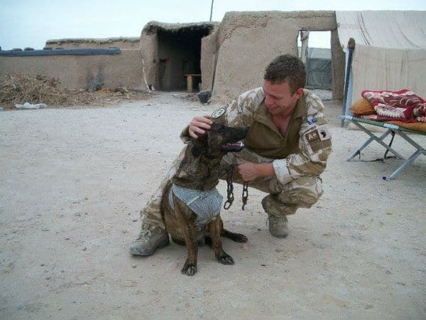 A man, widely recognized as the hero of the year, humbly kneels down with a loyal dog by his side in front of a tent.