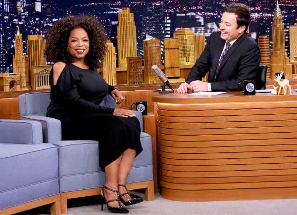 Oprah Winfrey appears with Jimmy Fallon on The Tonight Show.