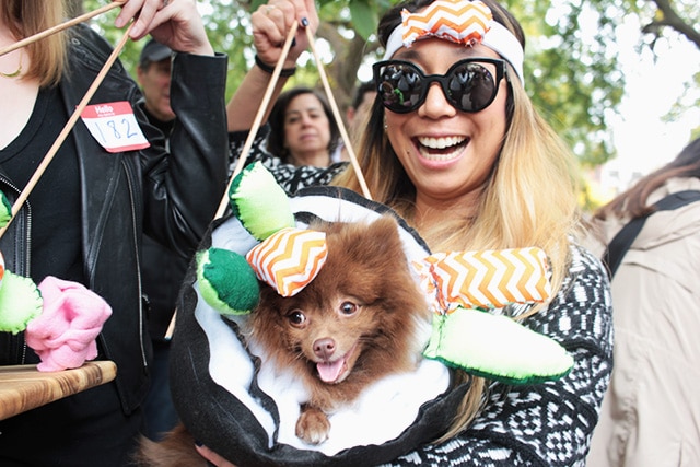 At the Tompkins Square Park Dog Halloween Parade, a woman joyfully embraces her dog dressed in an adorable costume.