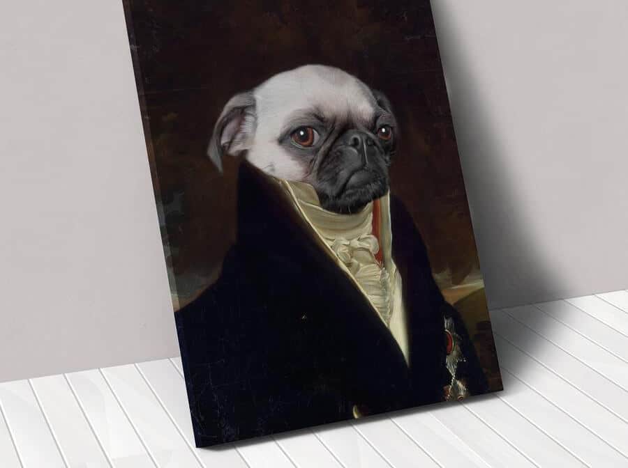 A Renaissance masterpiece of a pug dog wearing a suit, perfect for a startup or as your dog’s photo.