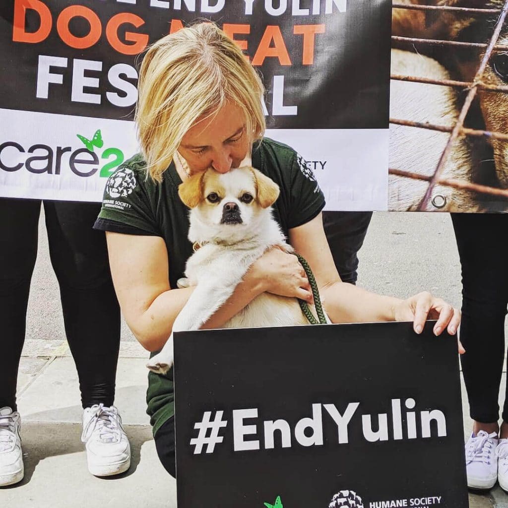 A woman with a dog holding a sign that says end Yulin Dog Meat Festival.