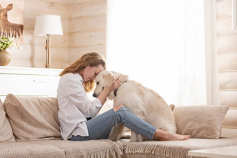 Young pretty woman in casual clothes hugging her beloved big whi