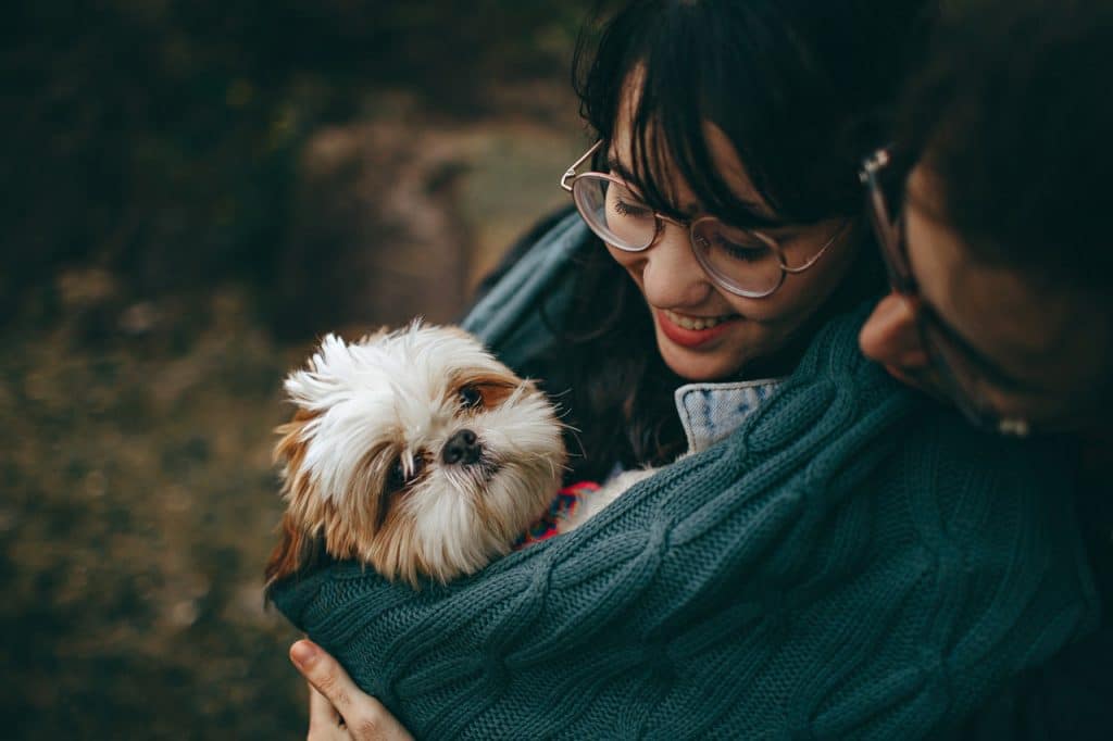 A man and woman living with a dog, hugging it.