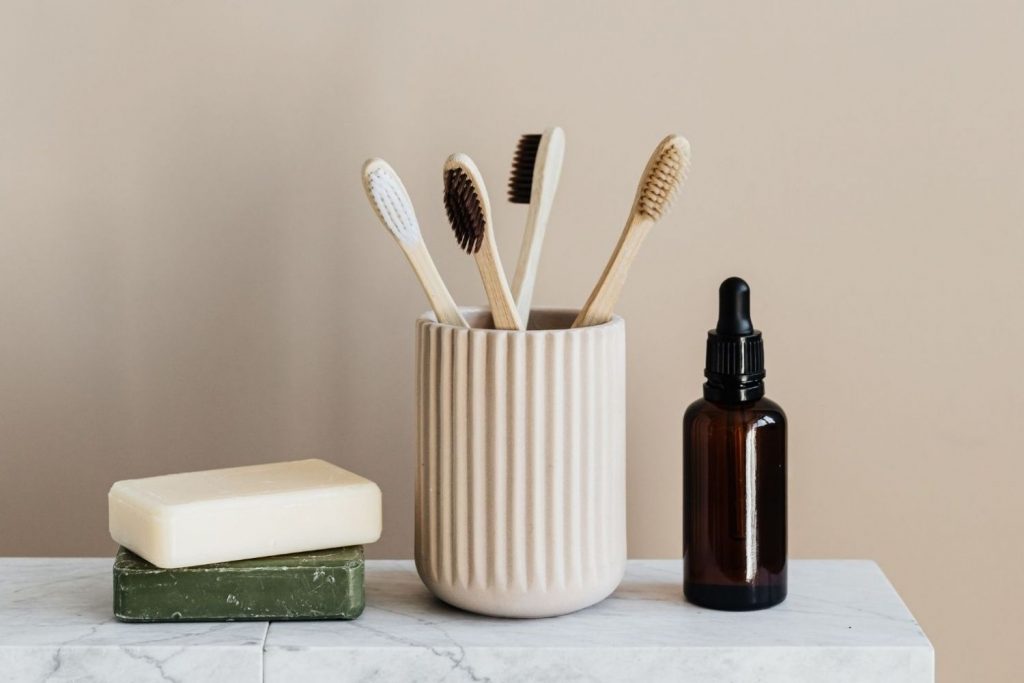 A set of toothbrushes designed for dog health and soap on a marble table.