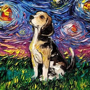 A Vincent Van Gogh-inspired painting of a beagle sitting under a starry sky.