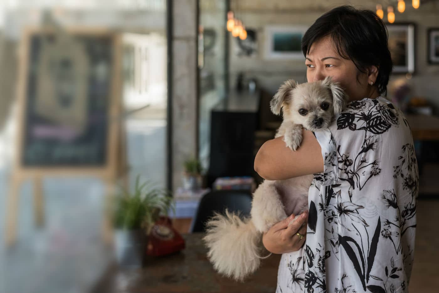 woman holding dog coronavirus