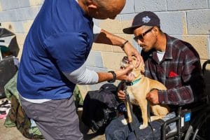 A vet providing free medical care is petting a dog in a wheelchair.