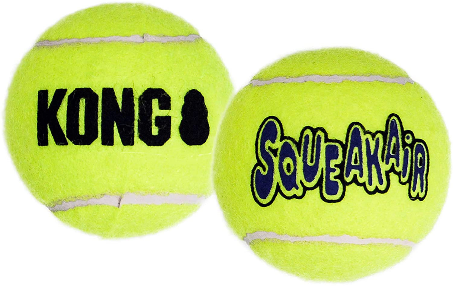 Two yellow tennis balls with the word kong on them, perfect for