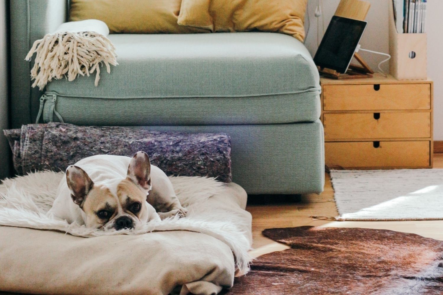 A bored French bulldog laying on a bed in a living room.