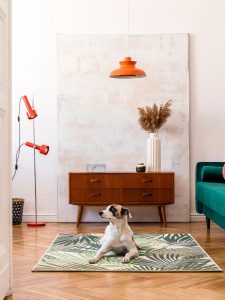 A dog laying on a palm leaf rug in a living room.