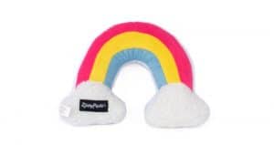 A favorite rainbow-shaped plush toy on a white background, perfect for Pride essentials.