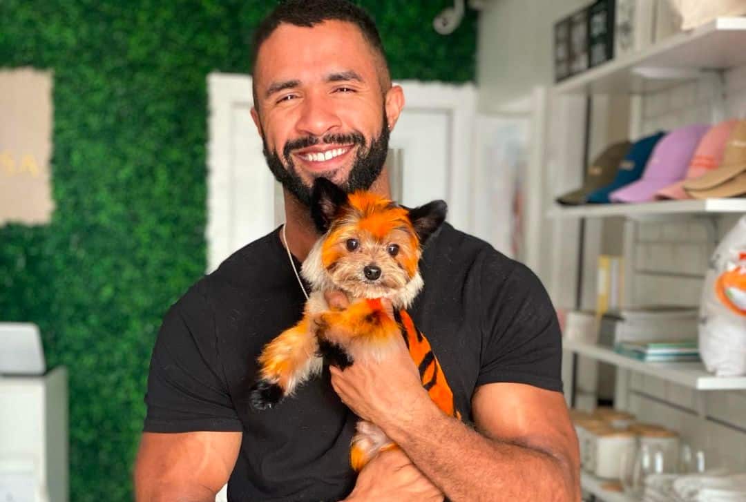 A man holding a dog in an orange tiger costume, showcasing Pop Art Dog Groomer's revolutionizing approach to the industry.