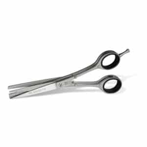 A pair of the best scissors for trimming dog's hair on a white background.