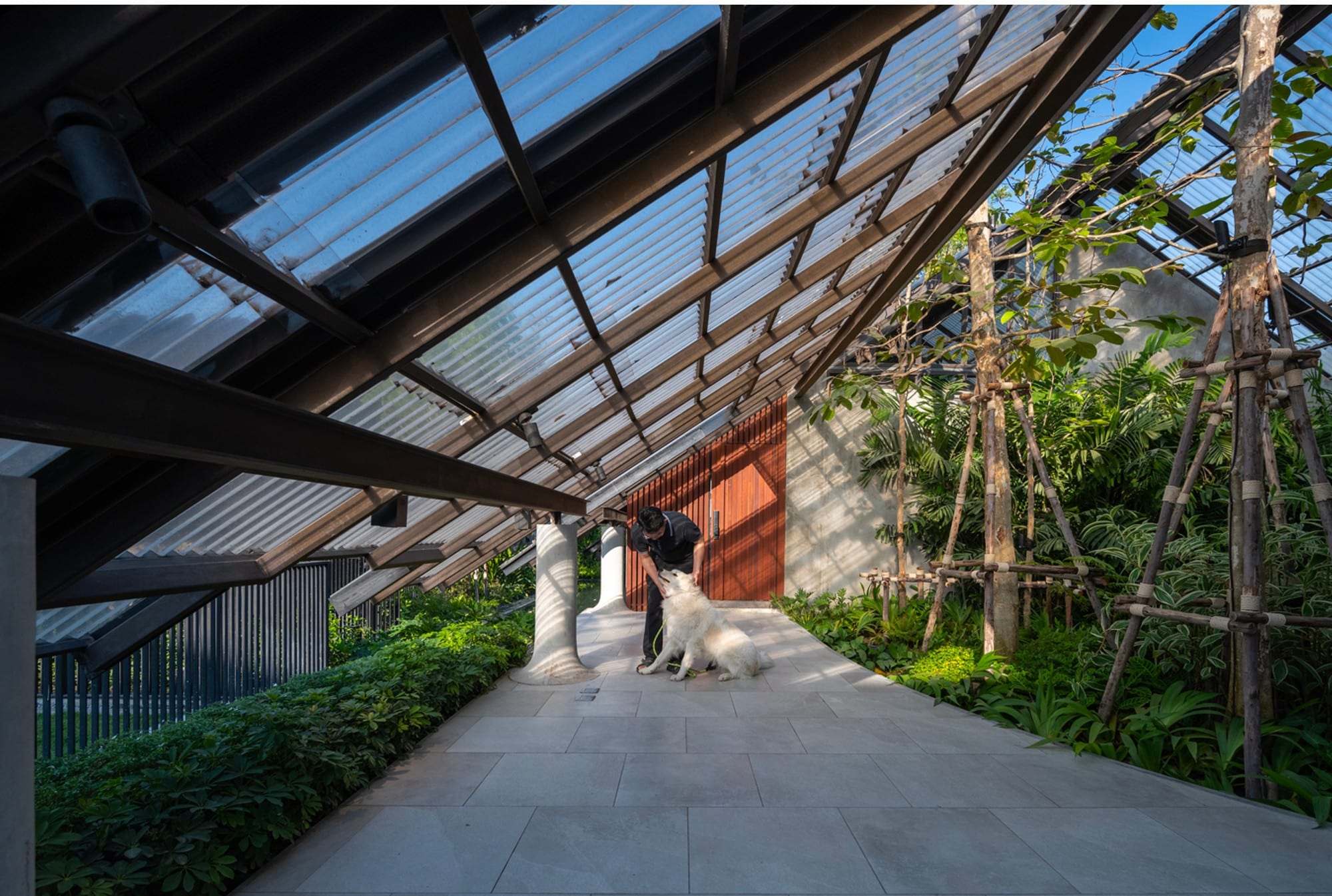 A man and woman from a design firm walk through a greenhouse.