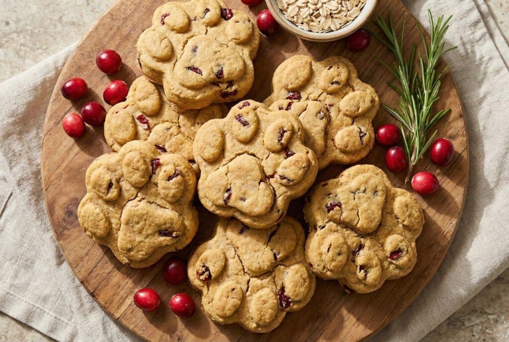 Cookies shaped like paw prints are arranged on a wooden board with cranberries, oats in a bowl, and a sprig of rosemary—perfect dog-friendly holiday treats for your festive celebrations.