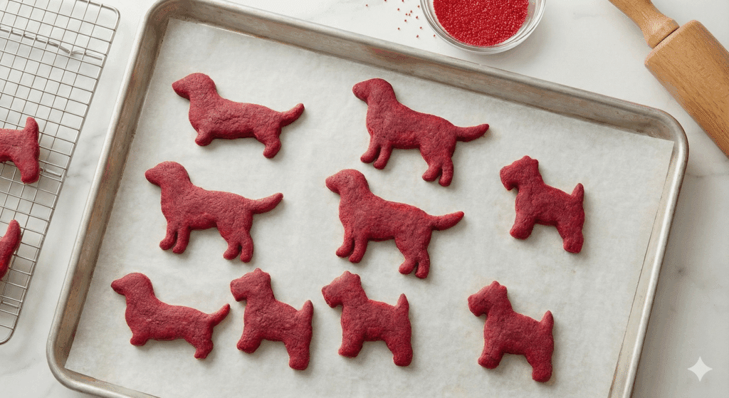 A baking sheet with nine red dog-shaped cookies—perfect holiday treats for dogs—rests on parchment paper atop a white surface, accompanied by a cooling rack, rolling pin, and a bowl of red sprinkles.