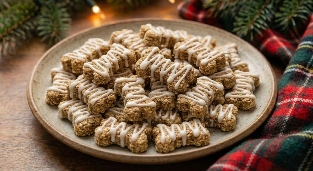 A plate of rectangular oat-based holiday dog treats topped with white icing drizzle, placed on a wooden table near evergreen branches and a plaid cloth.
