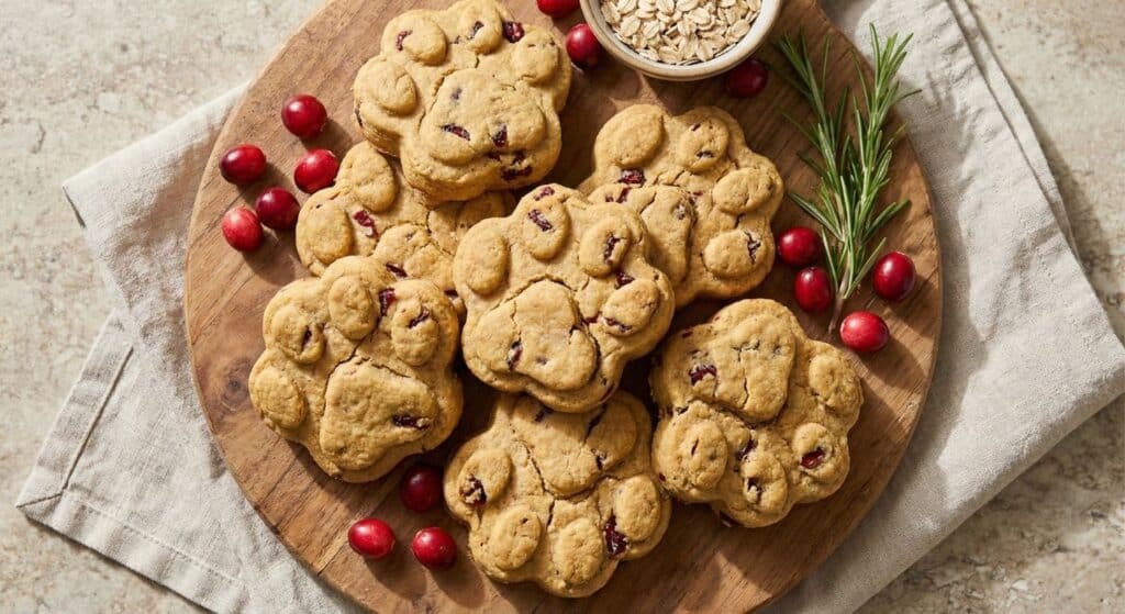 A wooden board with paw-shaped holiday dog treats, fresh cranberries, a sprig of rosemary, and a small bowl of oats arranged on a beige cloth.