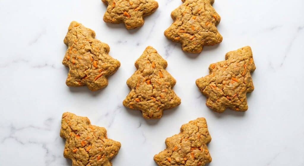 Seven tree-shaped cookies with visible orange specks, perfect as dog-friendly holiday treats, arranged on a white marble surface.