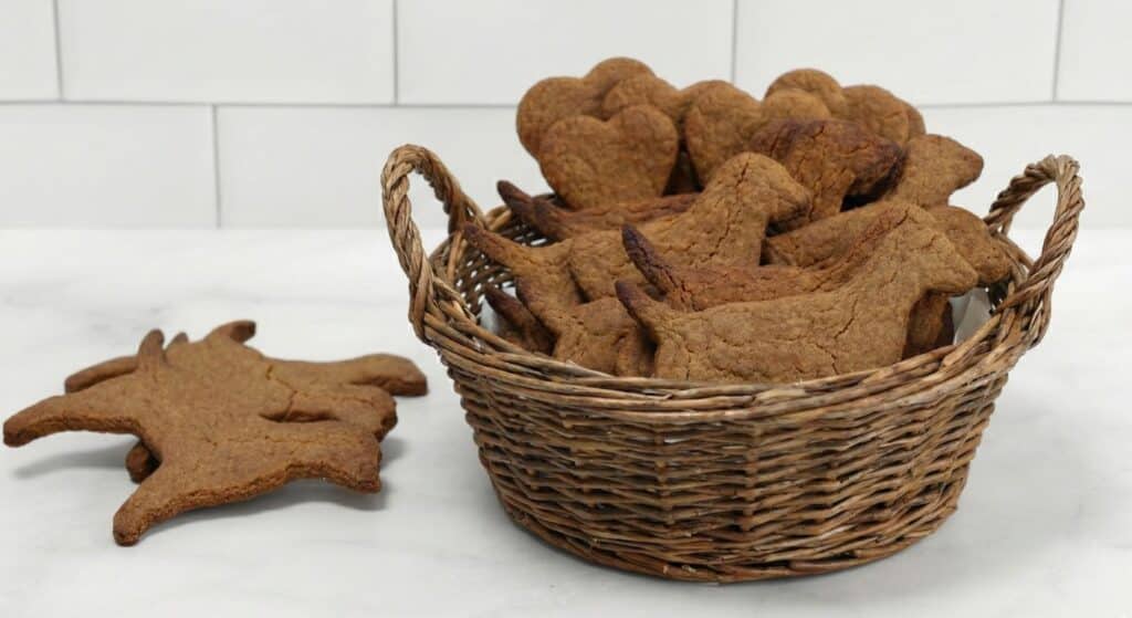 A wicker basket filled with animal-shaped cookies sits on a white surface, featuring dog-friendly holiday treats, with a few cookies placed next to the basket.