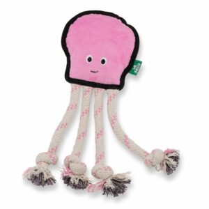 Beco Pink octopus plush dog toy with a cheerful smile, designed to entertain dogs who love corn cobbing. It features four durable rope tentacles perfect for playful tug-of-war sessions.